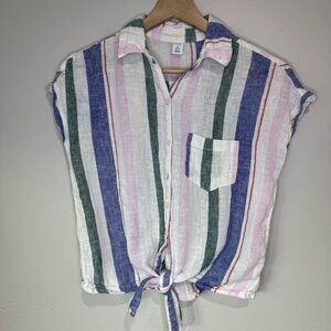 Old Navy Linen-Blend Tie Front Shirt – XS Petite – Striped Short Sleeve
